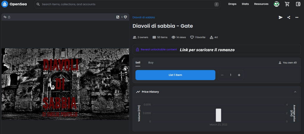 Schermata di Opensea con il mio NFT